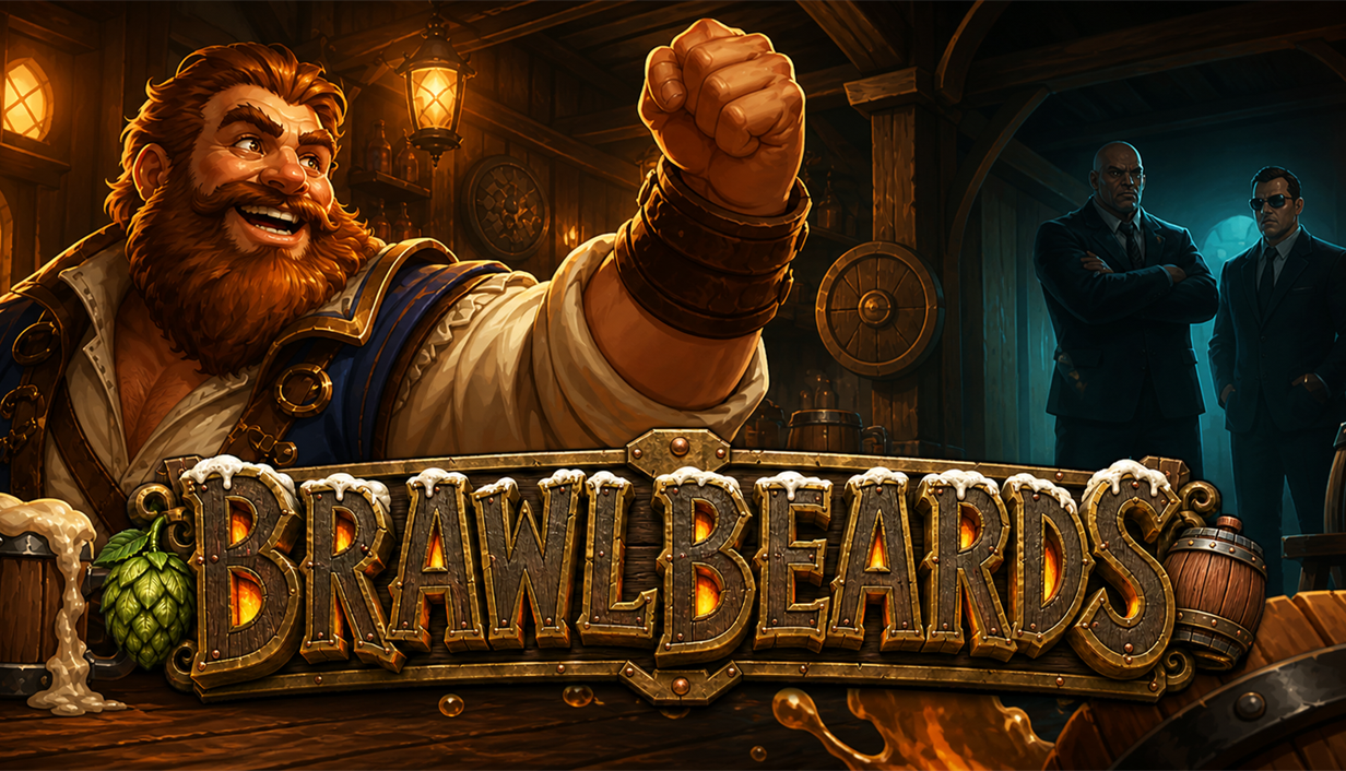Brawlbeards key art showing a bearded brawler raising a fist in a tavern