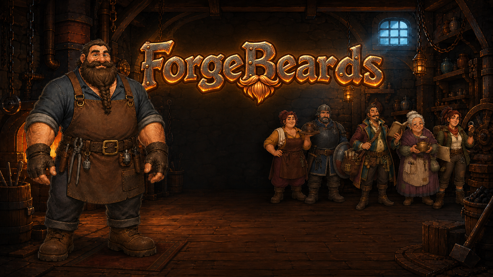 ForgeBeards key art showing the official logo above Magnus and the workshop cast